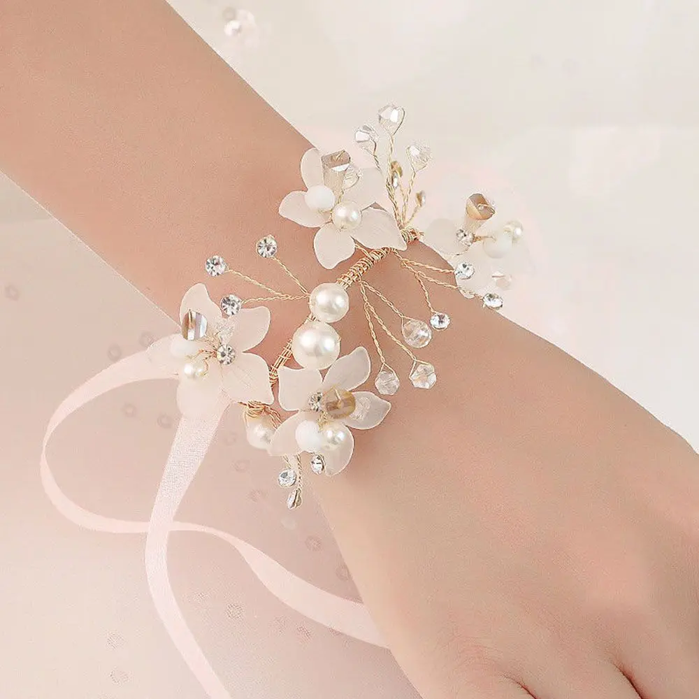 2024 Bridal Wrist Corsage Silk Rose Wedding Hand Flower Wristband Bracelet For Bridesmaid Girls Jewelry Party Marriage Accessory