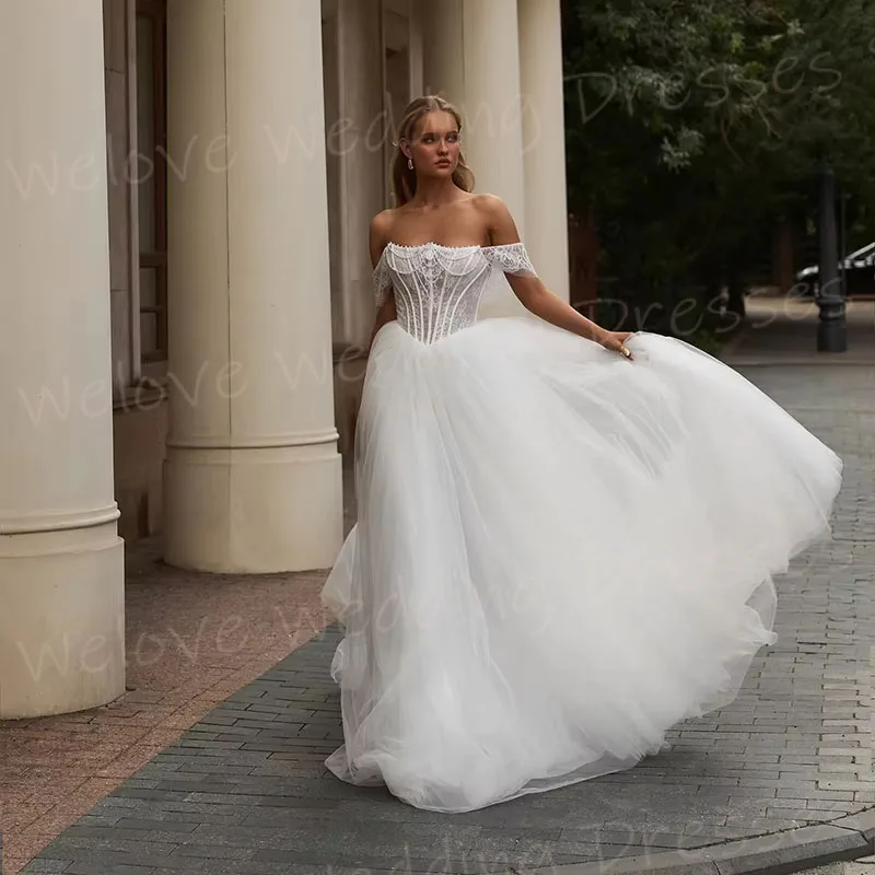 Gorgeous A Line Women's Lace Off The Shoulder Wedding Dresses Robe De Mariée Customized Sleeveless Bride Gowns Vestido De Novia