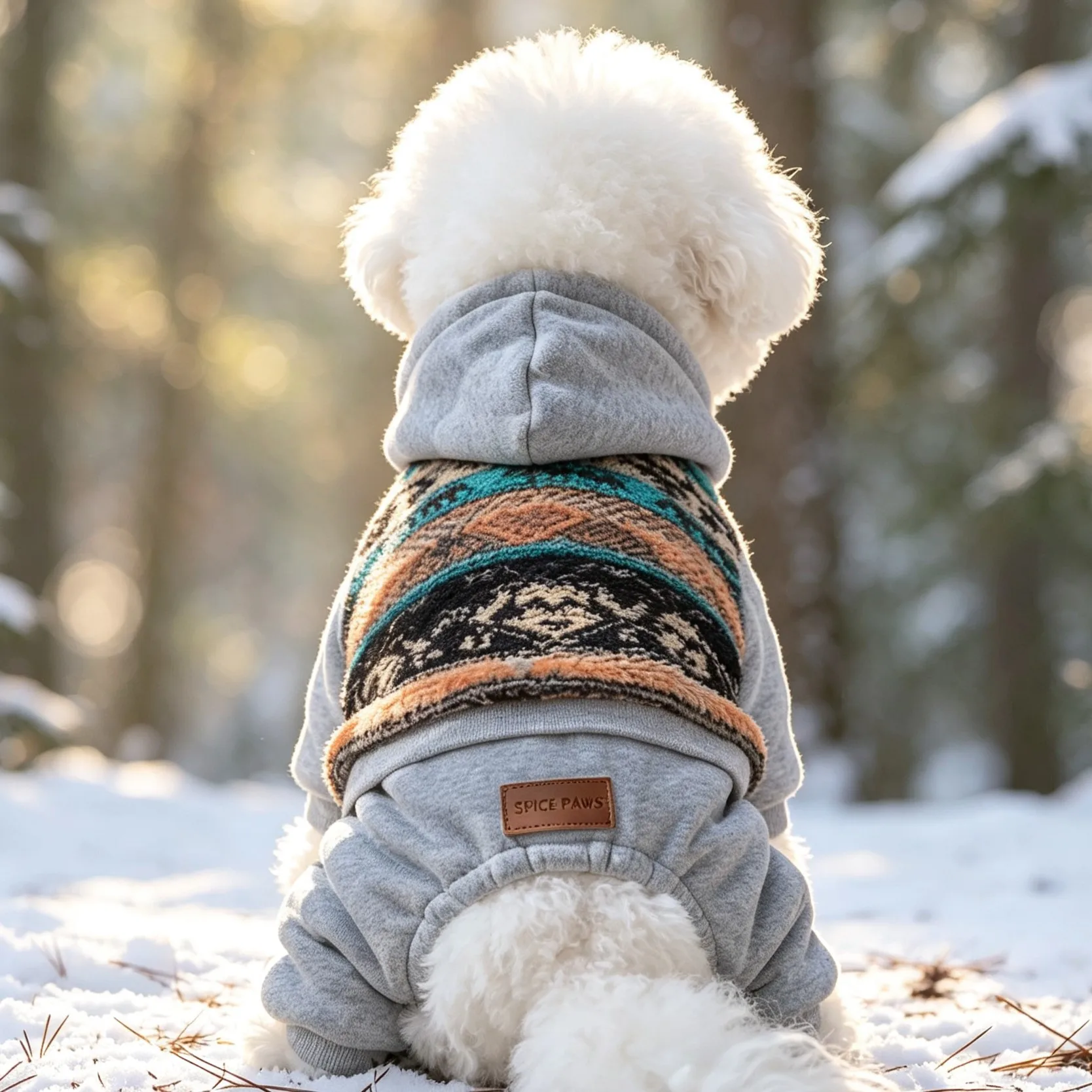 Vierbeiniger Anzug mit Kapuze für Hunde, im ethnischen Stil, mit Jacquard-Muster und Fransen am Saum, vorne mit Druckknöpfen zu öffnen, mit gerippten Ärmel- und Hosenbündchen. – Detail 4