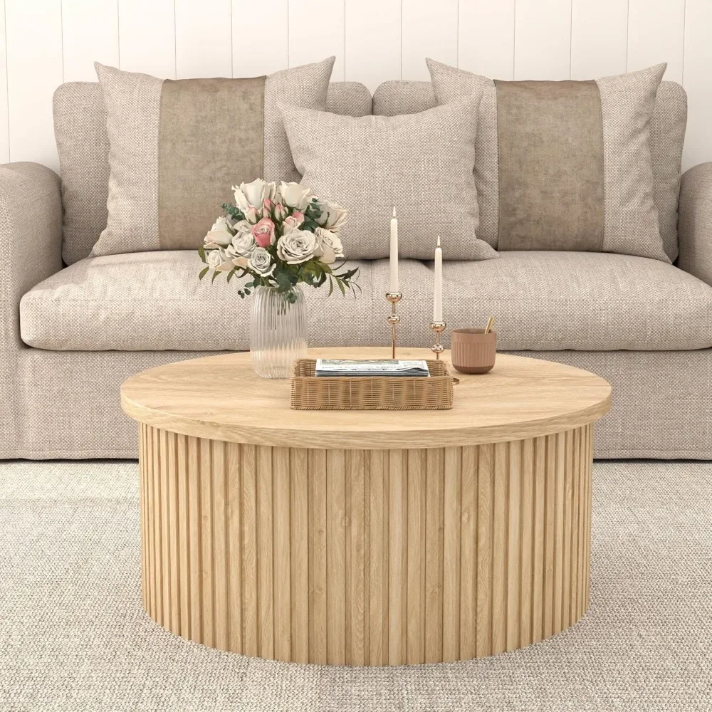 Lift Top Coffee Table with Storage, Round Coffee Tables for Living Room, 34.6'' Farmhouse Fluted Coffee Table, Wood Center Table