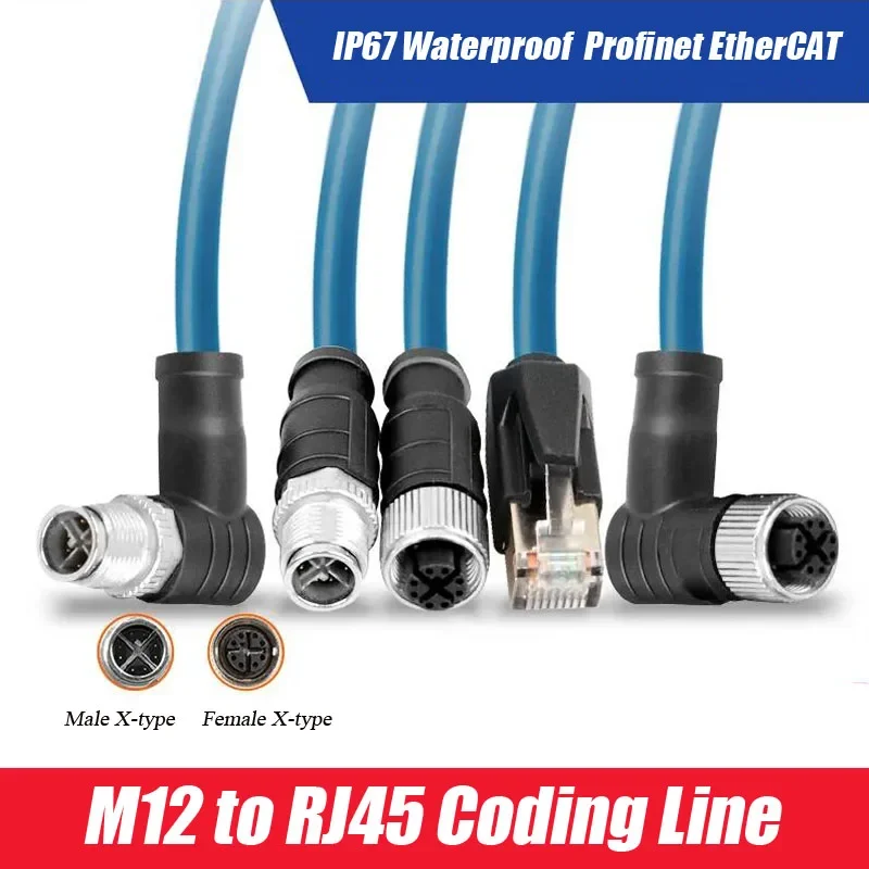 

M12 8Pin X-Type to RJ45 Ethernet Cord Elbow Right Angle 4Pin A-Code D-Coding Male Female Head to RJ45 Connector Drag Chain Cable