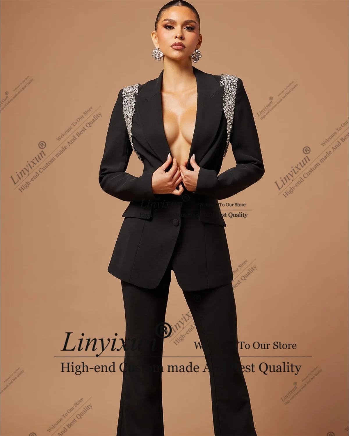 Luxury Suit for Women Single Feather 2 Piece Jacket Pants  Blazer Set Slim Fit Office Lady Female Clothing Blazer Set