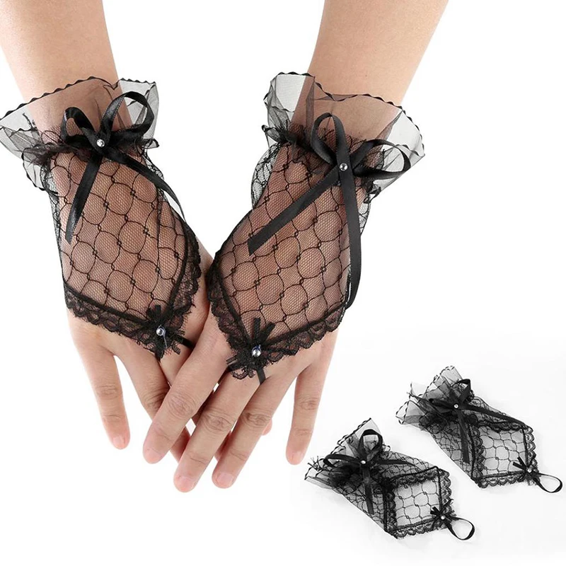 Gothic Lolita Fishnet Hand Gloves Cuff Women Mesh Black White Punk Goth  Fingerless Gloves Mittens Lace Wrist Cuffs Arm Sleeves