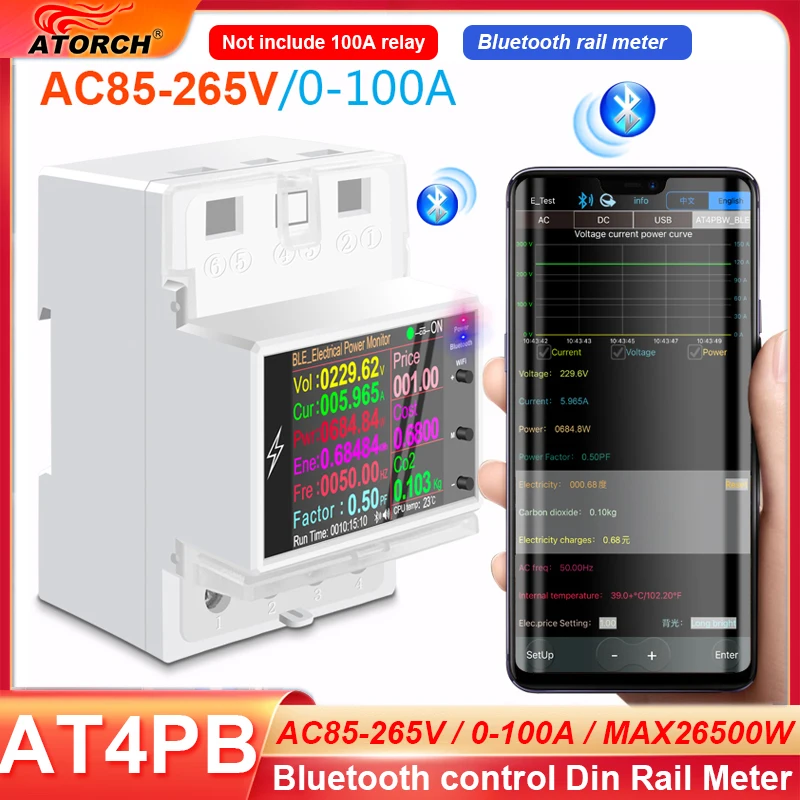 Medidor de Trilho Din com Monitor ac Corrente de Tensão Fator de Potência Frequência Kwh Energia Elétrica Volt Amp para App 100a 12 em 220v 110v