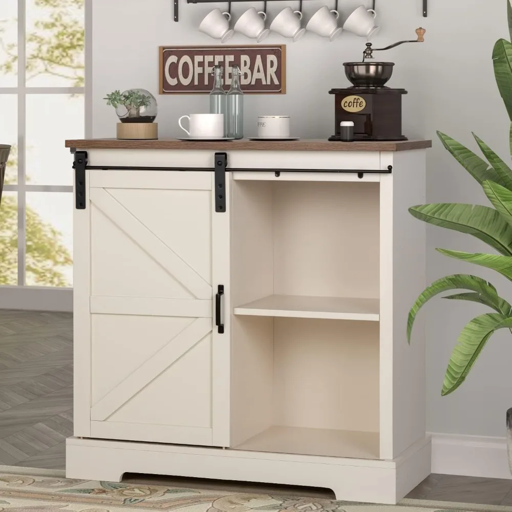 Coffee Bar Cabinet for Kitchen, Farmhouse Sideboard Buffet Storage Cabinet with Sliding Barn Door, Ivory