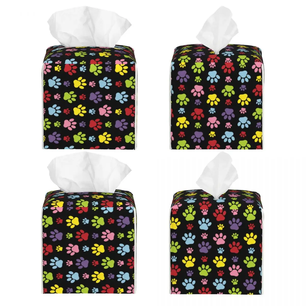 Custom Colorful Paws Pattern Tissue Box Cover PU Leather Square Dog Paw Prints Pet Facial Tissues Holder for Office