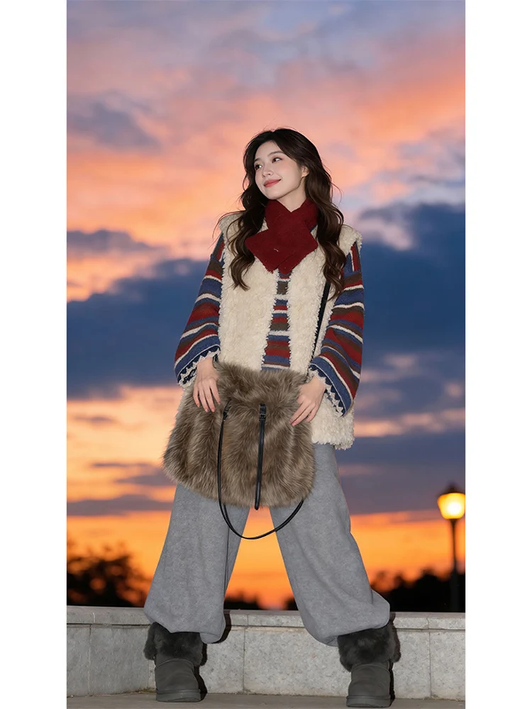 

Корейский полосатый свитер, жилет, широкие брюки, женская зимняя модная футболка, комплект Super Alliance, уличная одежда, новогодняя одежда...