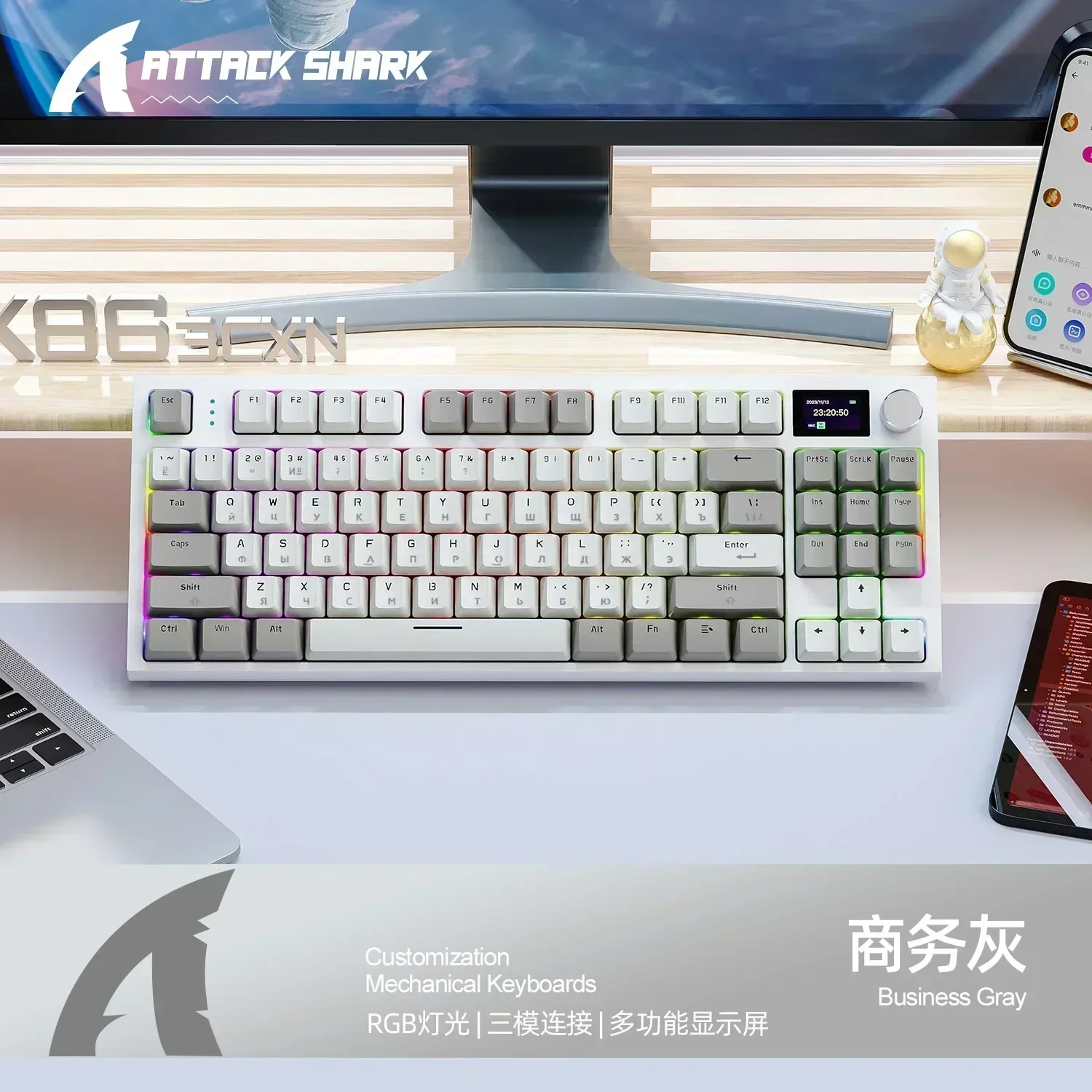 Tubarão de Ataque-Teclado Mecânico Bluetooth Sem Fio, K86, Modo 3, 2.4G, Luz RGB, Hot Swap, 75% Layout, Teclados Gaming, Presente