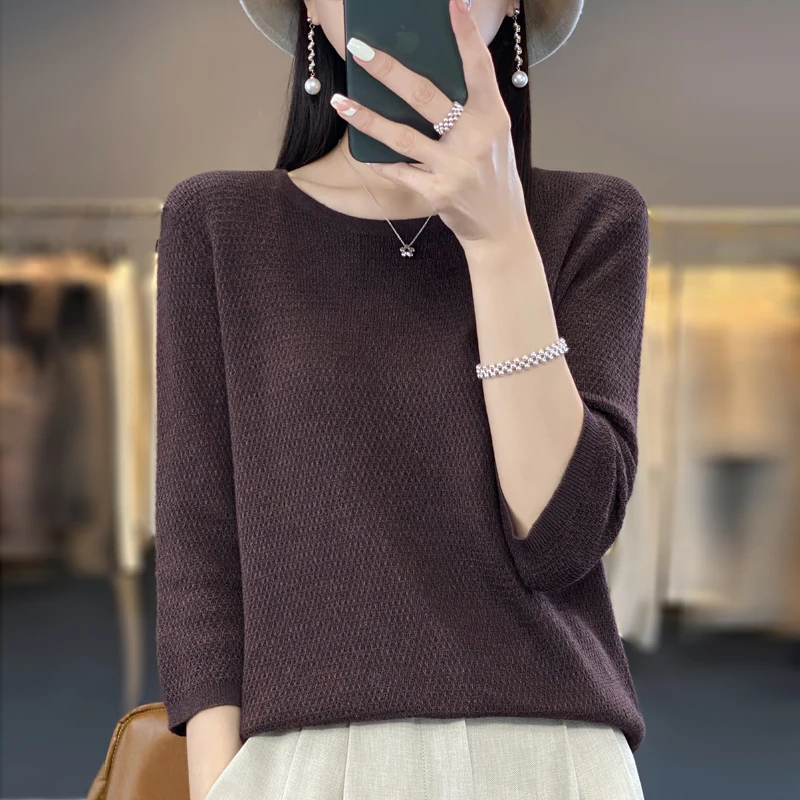 Spring and Autumn Seven-Sleeve Worsted Sweater Round Neck Thin Loose Bottom Shirt Simple Fashion Top Woman