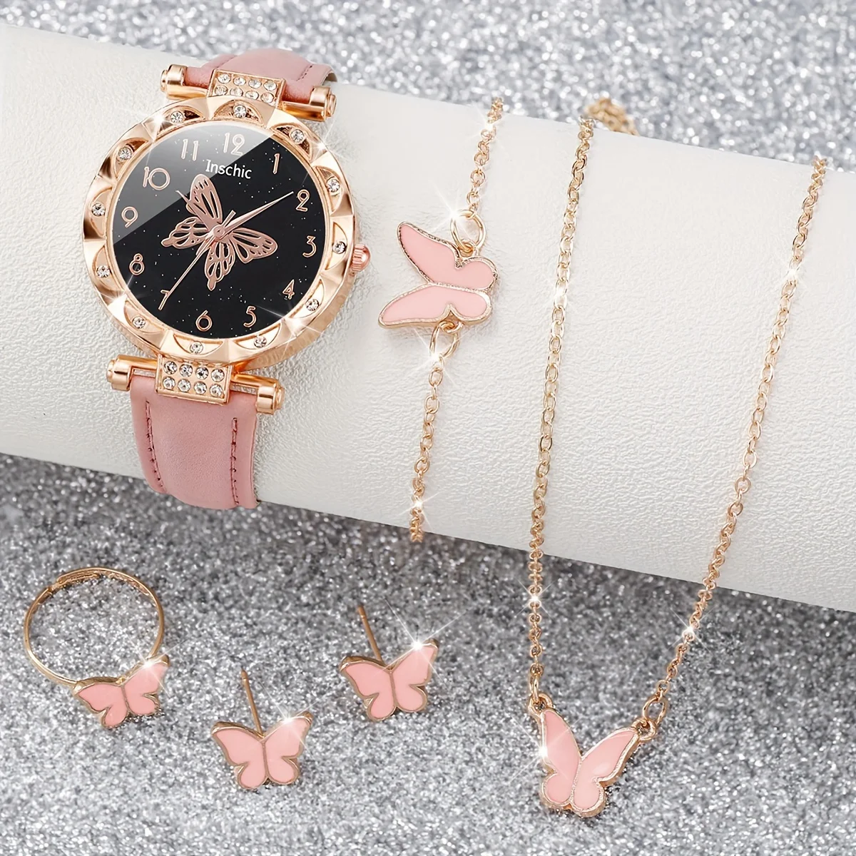 Glamorous Butterfly Watch & Jewelry Set for Women - 6pcs Elegant Rhinestone Quartz Watches with Analog Display