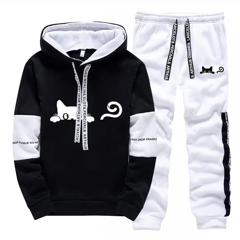 Autumn Winter Women Tracksuit Street Casual Hooded Sweatshirts Outdoors Sports Jogging Clothing Black White Single Hoodie Pants