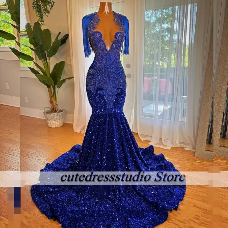 

Luxury Blue Mermaid Prom Dresses 2024 Rhinestone Party Gown Sequin Black Girl Evening Dress vestidos de graduación