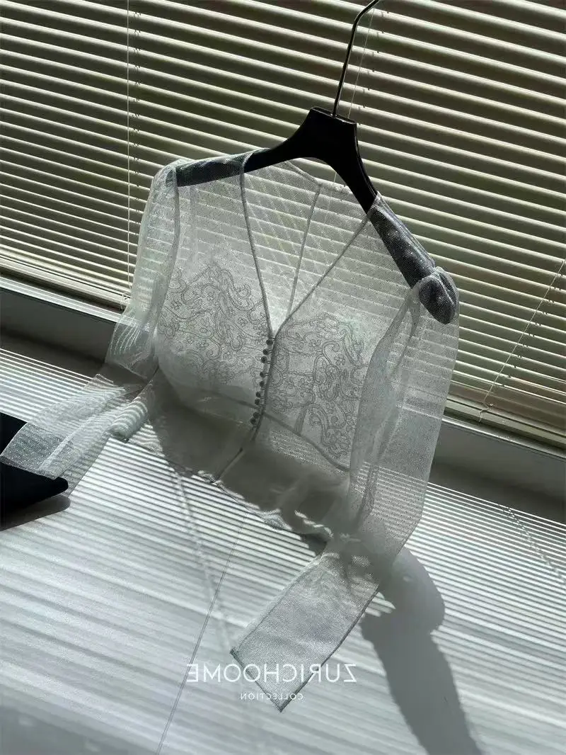 

Lace Sexy Slightly Transparent Shirt for Women's Summer Polka Dot Mesh V-neck Short Lace Shirt Top Fashion Female Clothes