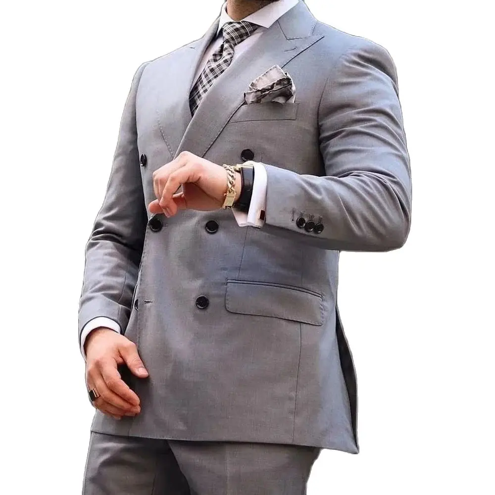 Grey Men Suits Double Breasted Peak Lapel Back Split Regular Length Formal 2 Piece Jacket Pants Casual Office Male Clothing