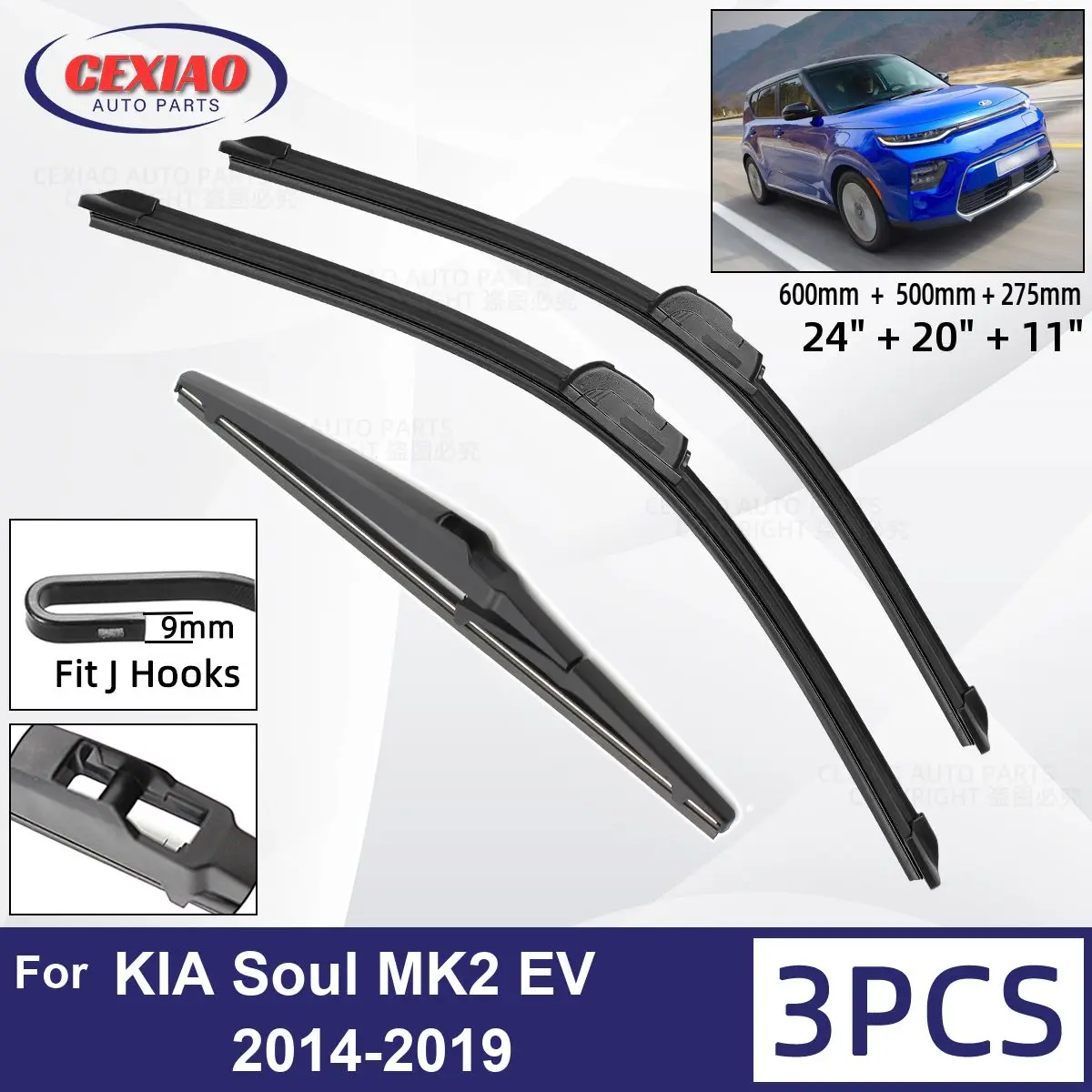 

For KIA Soul MK2 EV 2014-2019 Car Front Rear Wiper Blades Soft Rubber Windscreen Wipers Auto Windshield 24"20"11" 2017 2018 2019