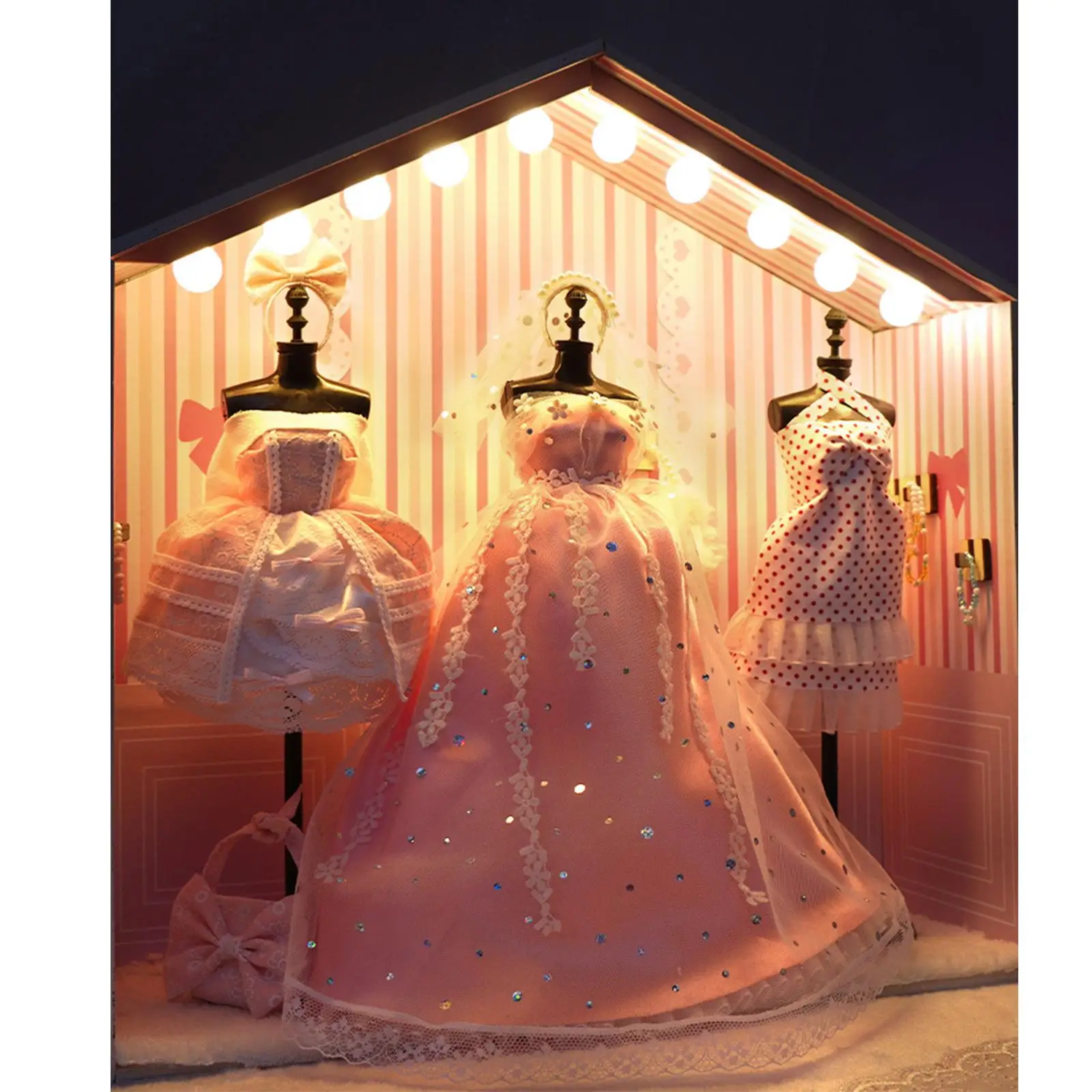 Wooden Miniature Doll House and Model Stand with Clothes Handmade LED Light
