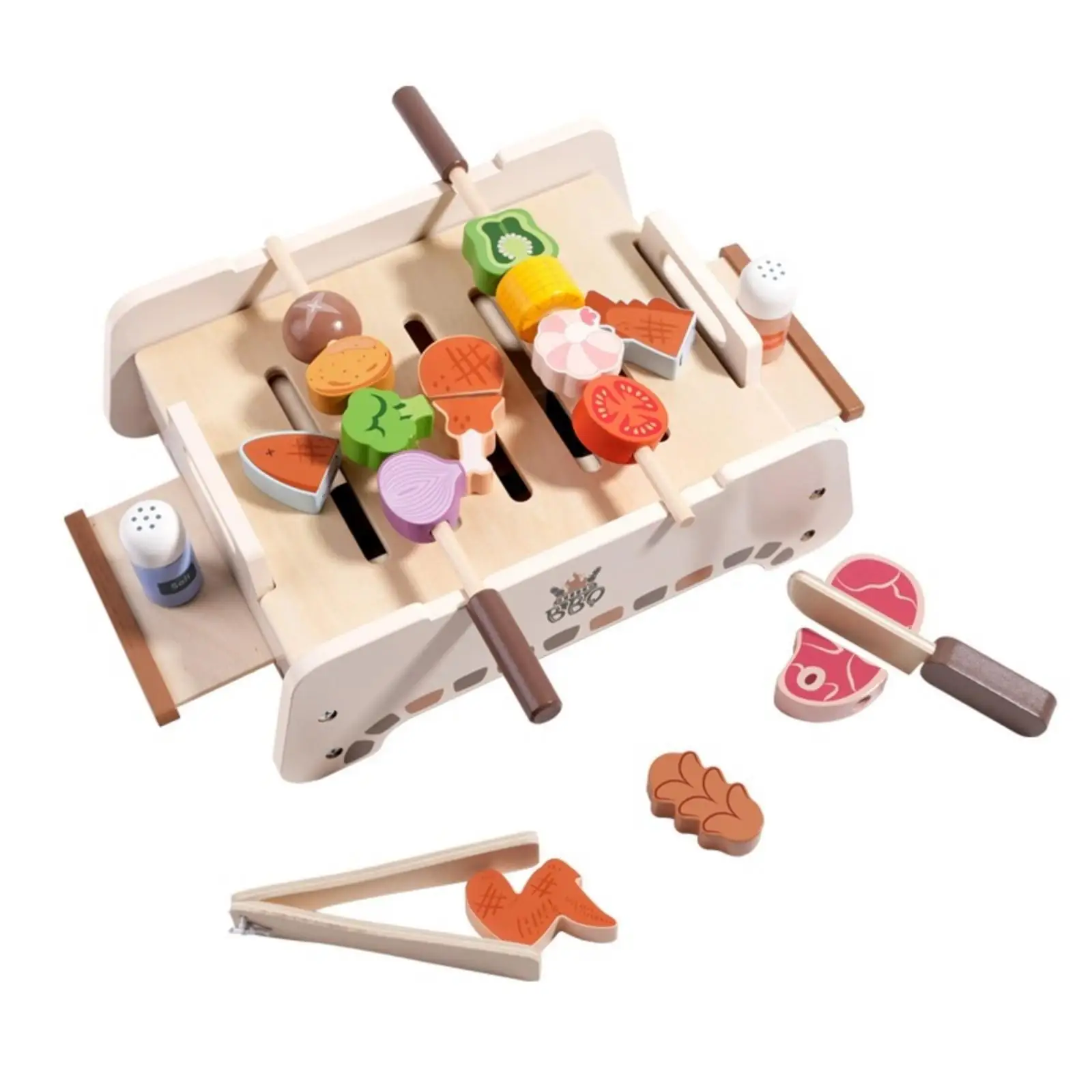 木製の子供用バーベキューセット。サイドトレイと食べ物のパーツが付属し、想像力を刺激する楽しいおままごと遊びを提供。幼児向けの教育玩具。