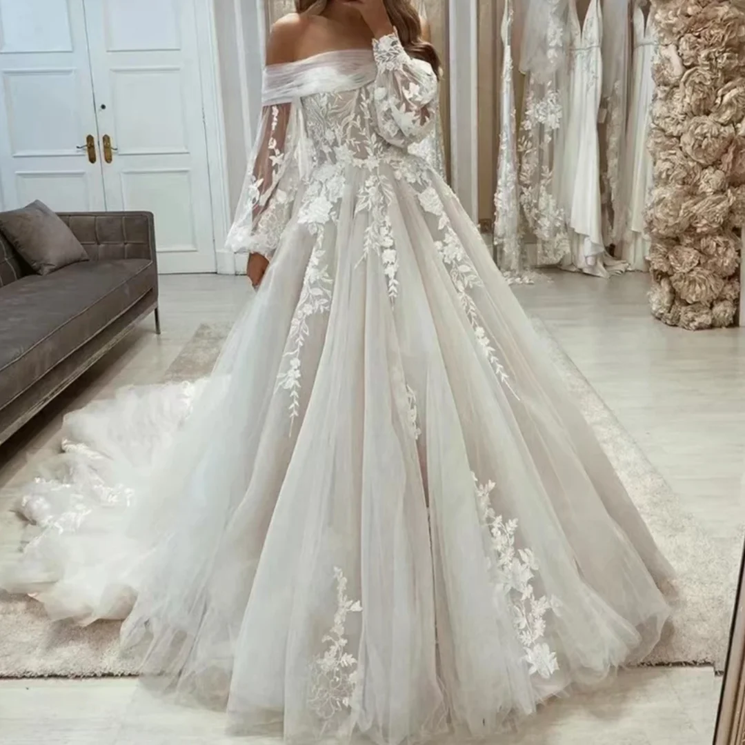 الأميرة نفخة كم طويل الدانتيل فستان العروس فساتين الزفاف الظهر رداء بوهو زين فساتين الزفاف حسب الطلب