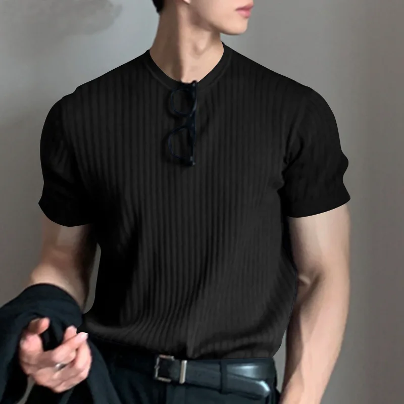 2024 New Summer Men\'s Top Trendy Thin Short Sleeve Casual Knitwear Elastic Loose Round Neck T-shirt for Men