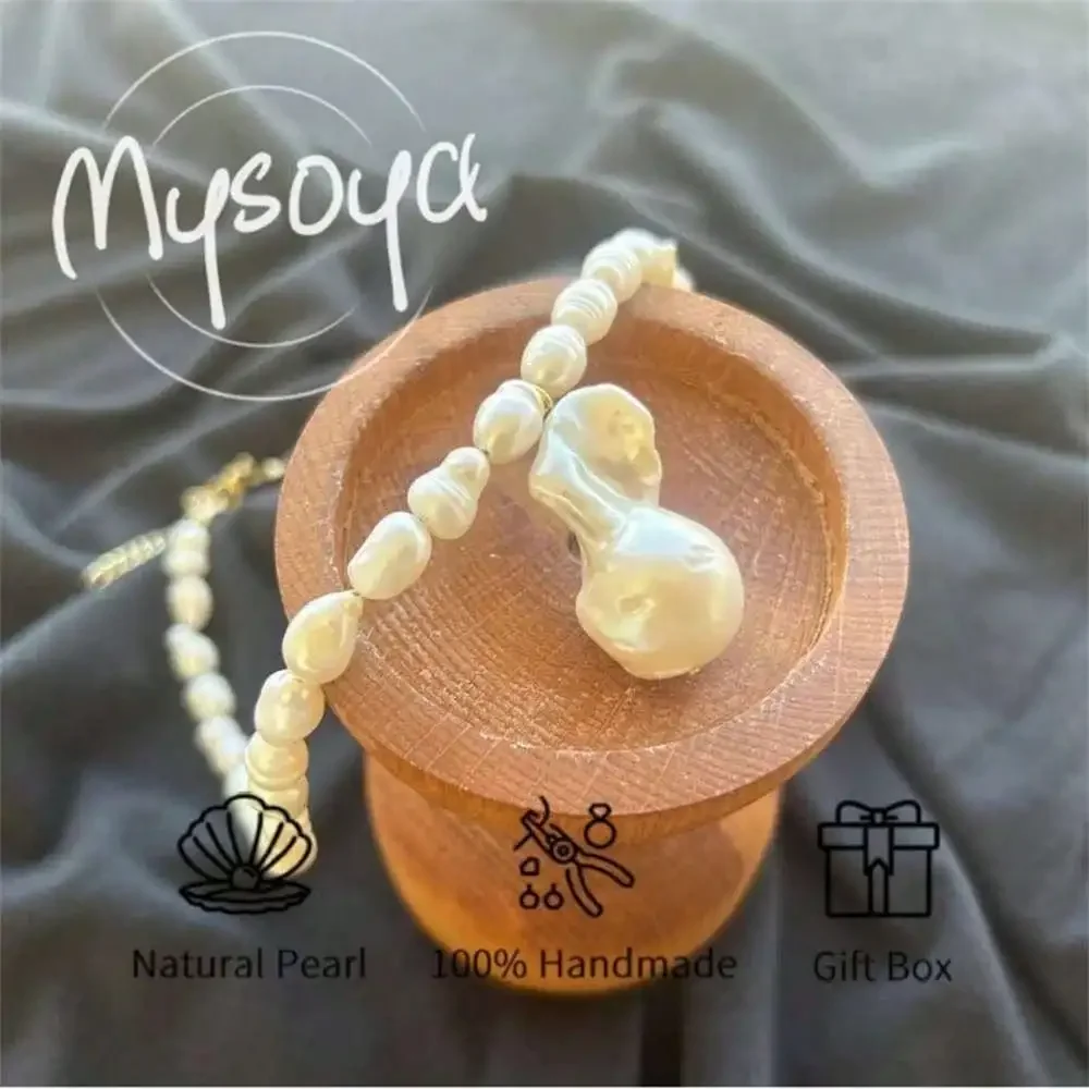 

MYSOYA White Rice-shaped Freshwater Pearl Necklace Baroque Pearl Pendant 7-8mm & 12-13mm Pearls Gift Box Birthday /Wedding Gift