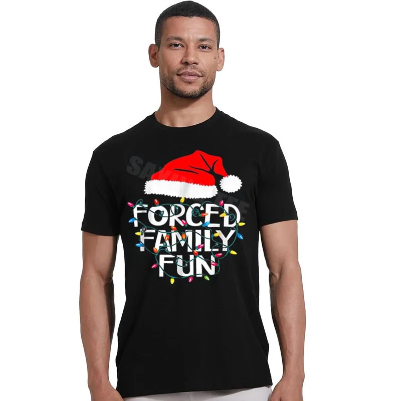 Forced Family Fun Sarcastic Christmas Funny T-Shirt Y2k Xmas Lights Pun Saying Tee Novelty Gifts Santa Claus Costume Pajamas