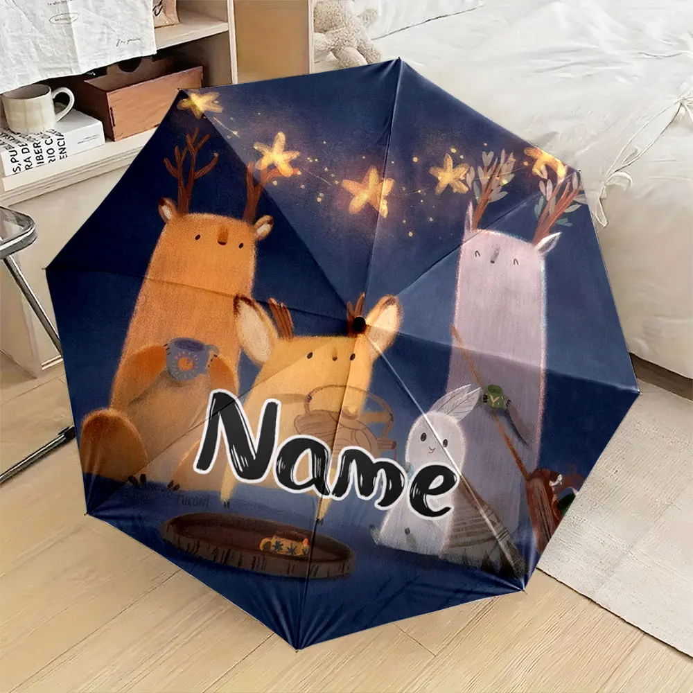 Custom Name Umbrella,Forest Animal Family Starry Night Art Print Folding Umbrella for Sunny and Rainy, Birthday Gift