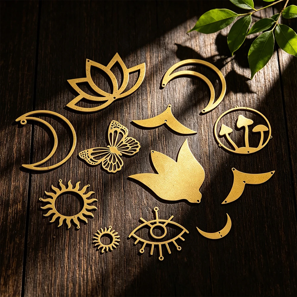 2pcs Brass Suncatcher Charms Hanging Lotus Celestial Crescent Filigree Pendant Connector Mysterious Spiritual Decor Accessories