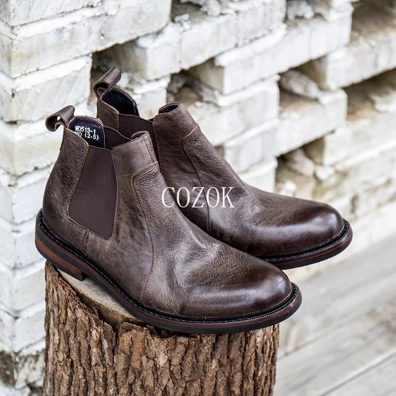 

Men's Cowhide Leather Chelsea Boots 2023 Fashion High-top Shoes Spring Autumn Ankle Boots for Men Comfort Plus Size