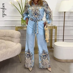 Wefads Women Autumn 2 Piece Set Elegant Retro Printed Long Sleeve Singe Breasted Button Shirt Top Loose Straight Pants Sets