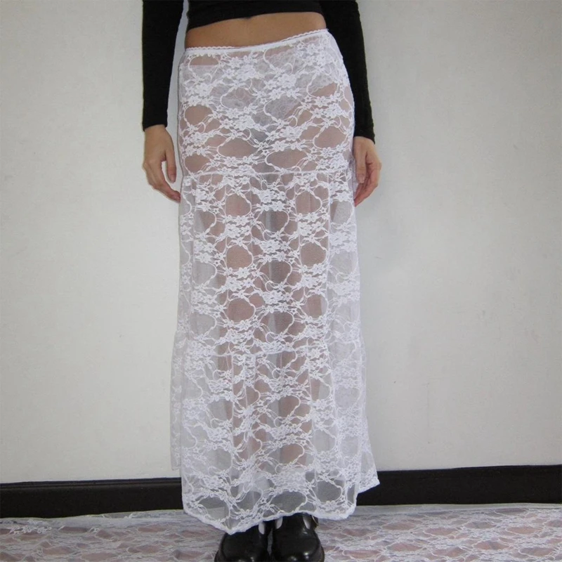 

Floral Lace Sheer See Through Maxi Skirt 90s Fairy Coquette Cover-ups Y2K Aesthetic 00s Retro Long Skirt Women Vintage Outfits