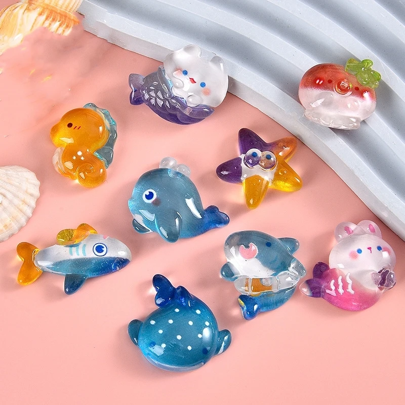 20pcs Resin Cute Blue Dolphin Flatback Cabochon Christmas Applique Ornament Craft DIY Earring Accessory Seahorse Starfish Charm