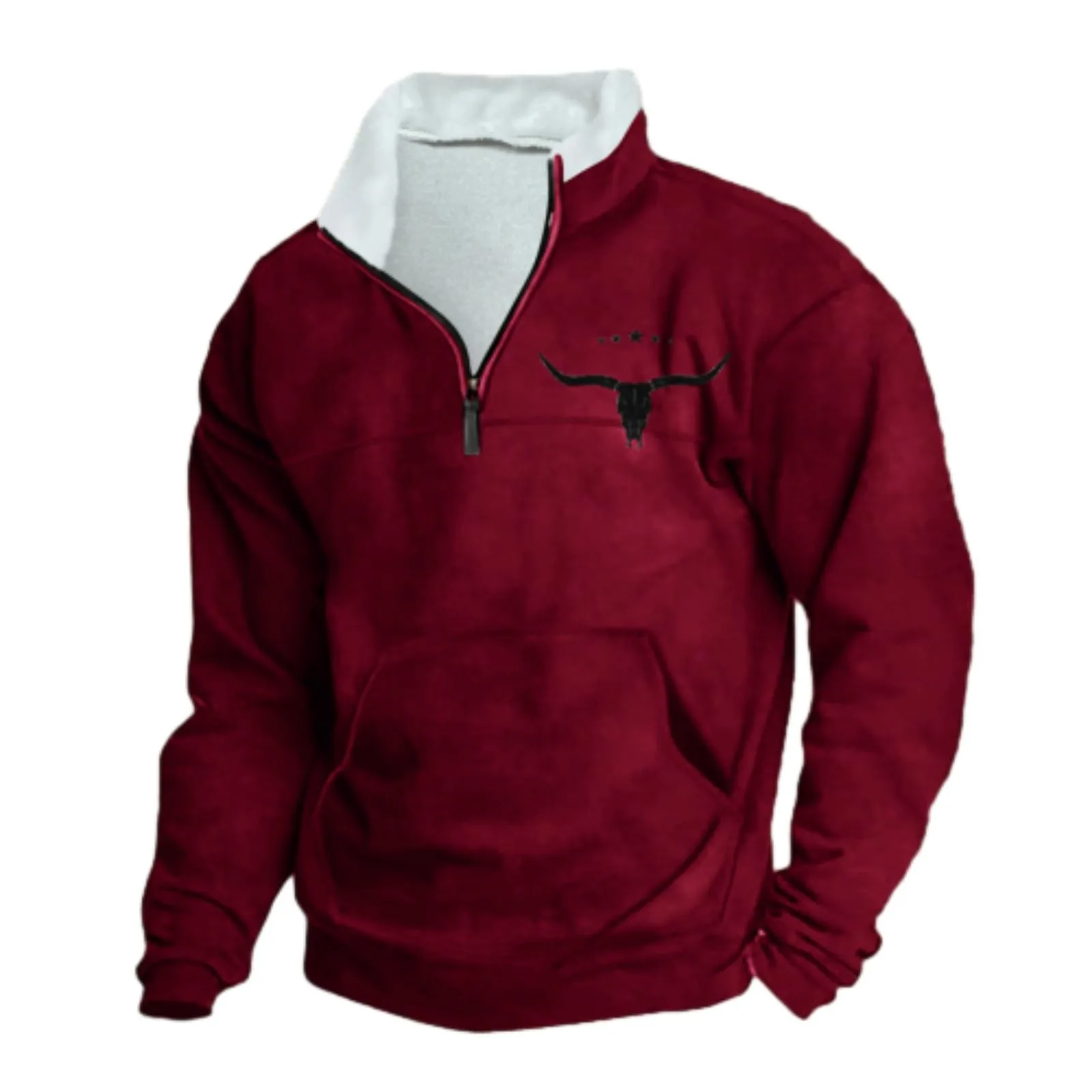 Men'S Vintage Half Zipper Stand Fur Collar Sweatshirt Wine Red Color Warm Pullover European Trendy Sweatshirts Turtleneck Top