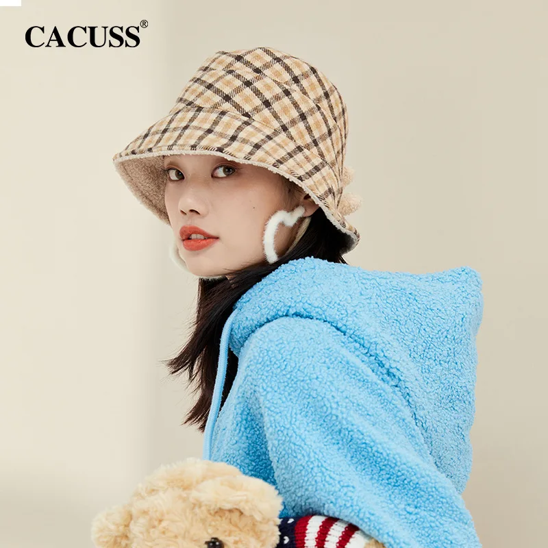 Autumn and Winter Female Korean Fashion Cute Bear Three-dimensional Fisherman Hat Lattice Warm Basin Hat Outdoor Bucket Hat