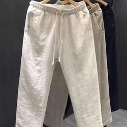 İlkbahar sonbahar yeni moda pamuk kenevir düz renk elastik erkek giyim bel rahat cep İpli sadelik düz pantolon