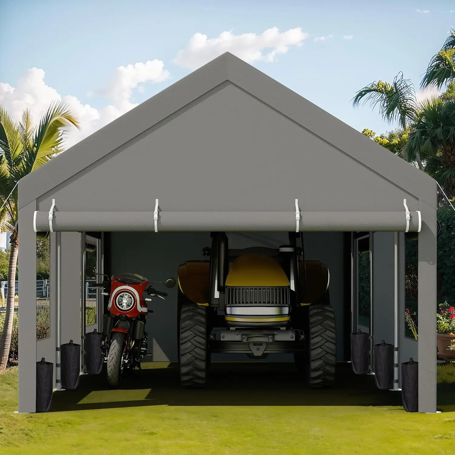 Jy Qaqa Carport, 12X20 Ft Heavy Duty Carport Reinforced Steel Poles With Removable Sidewalls & Doors,Roll-Up Windows Car Canopy