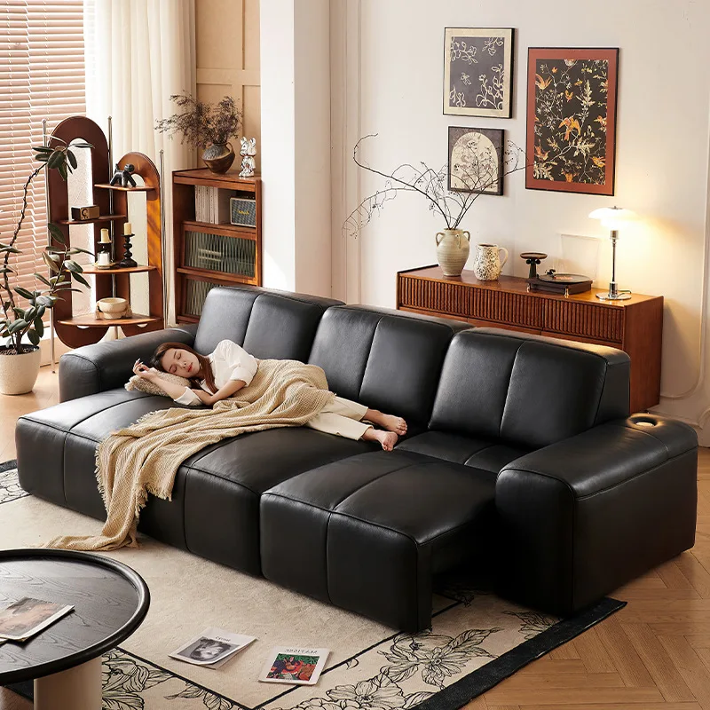 Winter Bear Retro Living Room Electric Retractable Dual-purpose Sofa Zero Wall Charging Multifunctional Leather Big Black