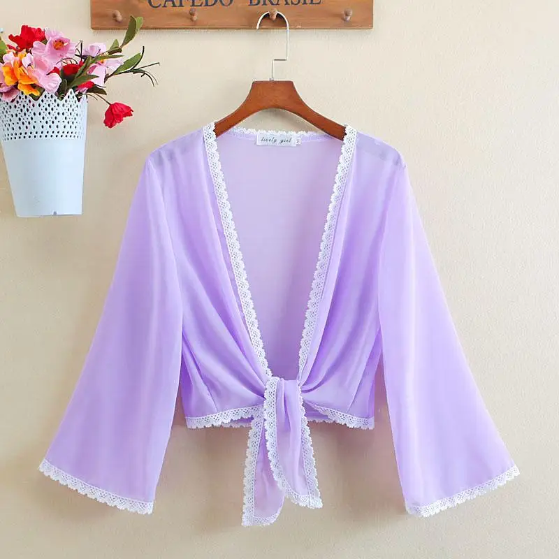 

Korean Chiffon Outer Cardigan Jacket Blouse Women's Sun Clothing Summer Air Conditioned Cape Female Ice Silk Sunscreen Shawl R20