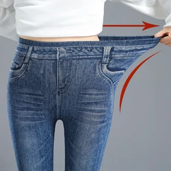Jean Legging Pencil Women Autumn Winter Outdoor High Waist Elastic Waist Elastic Distressed Plus Fleece Thicken Thermal Pants