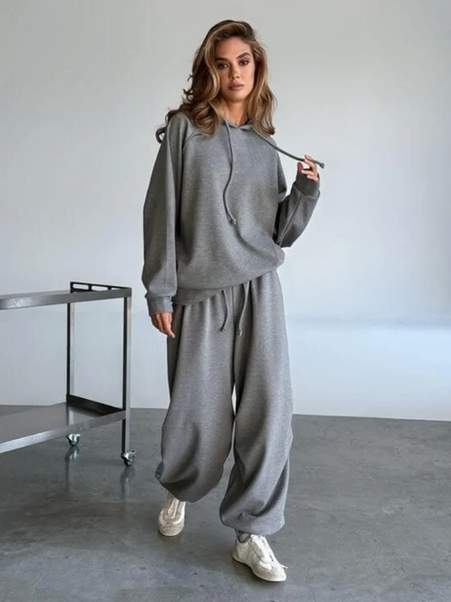 Conjunto de moletom feminino Wolfeel outono inverno macio com capuz solto e ombro caído pulôver relaxado conjunto de calças compridas