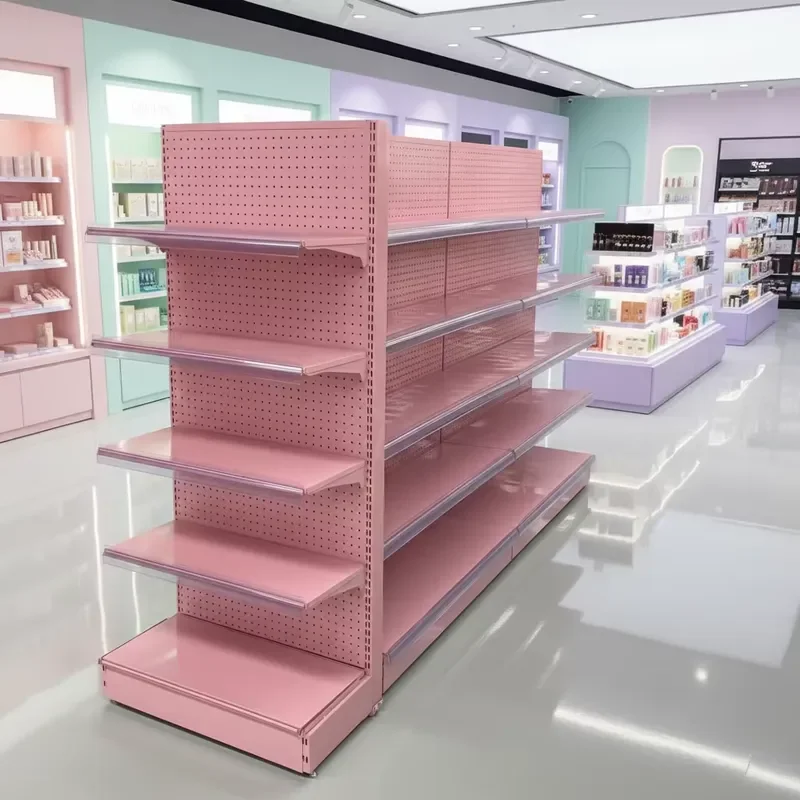 for Pink Single Sided Supermarket Shelves Steel Wall Mounted Display Racks Retail Shelf System Island Shelf Display Racks
