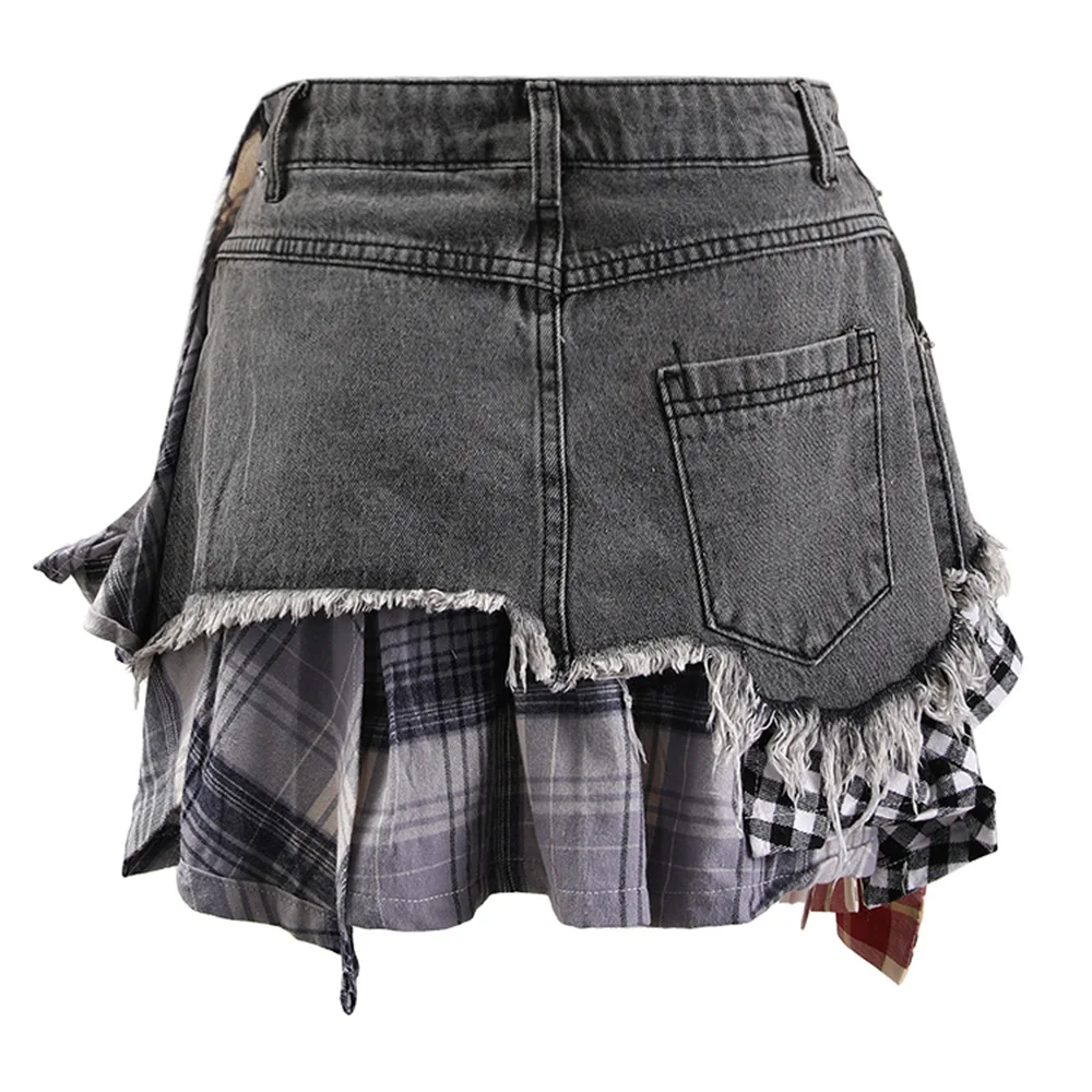 Women Skirts Cowboy Half-body Skirt Ladies Summer New Irregular Plaid Splicing High Waist Temperament Short Skirt For Female