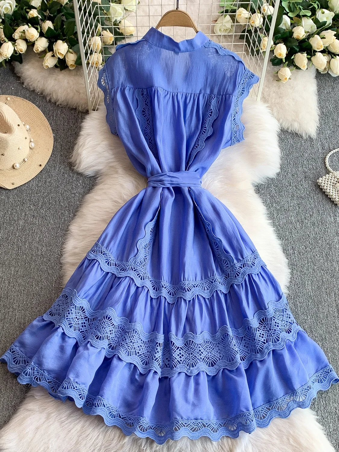 Vestido de Verão com Decote em V e Mangas Curtas em Renda, Saia em Camadas de Cintura Alta Estilo Coreano, Vestido Midi ina...