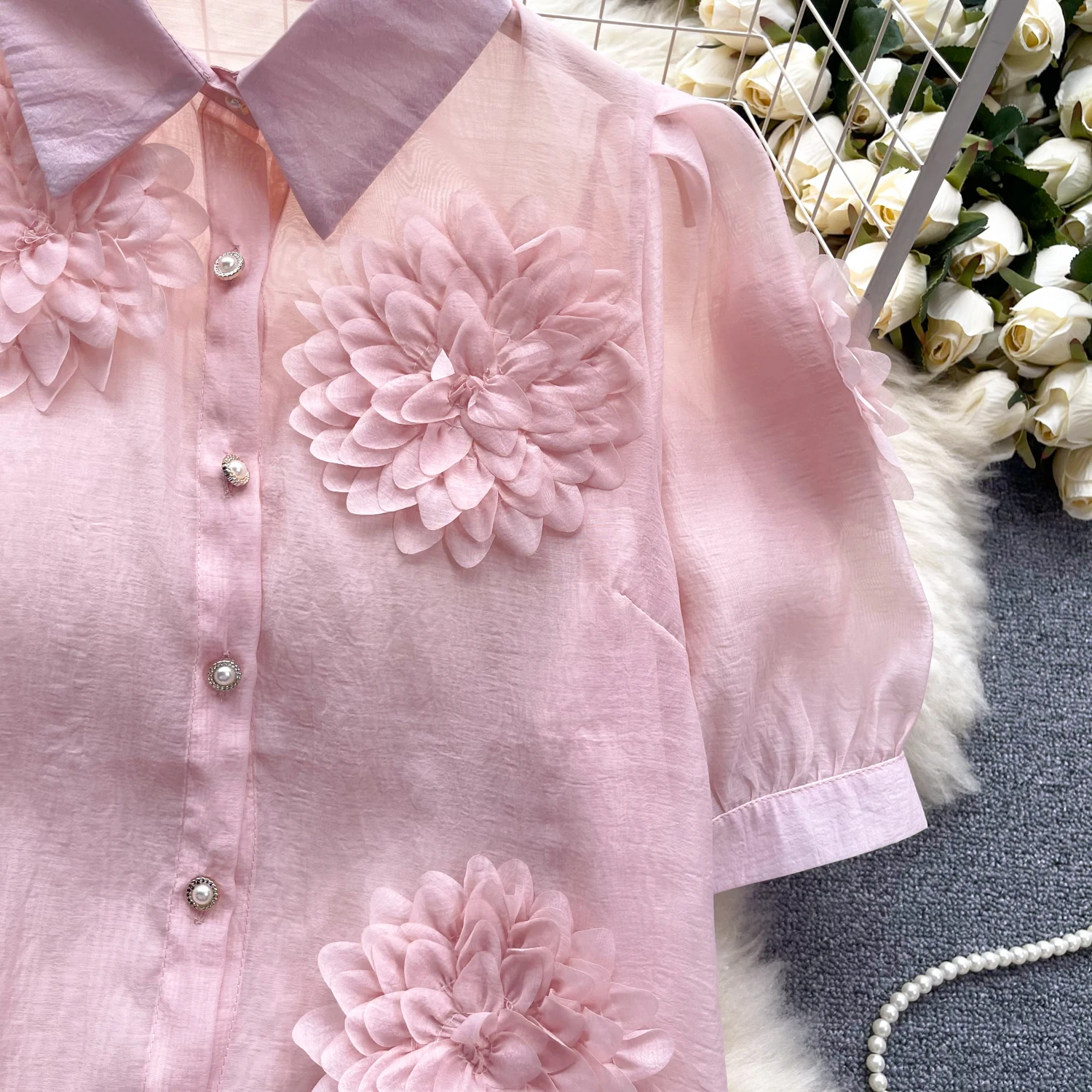 Chic Elegant Three-dimensional Floral  Puff short Sleeve Loose Top Vintage Korean Fairy Crop Top summer Women Clothing