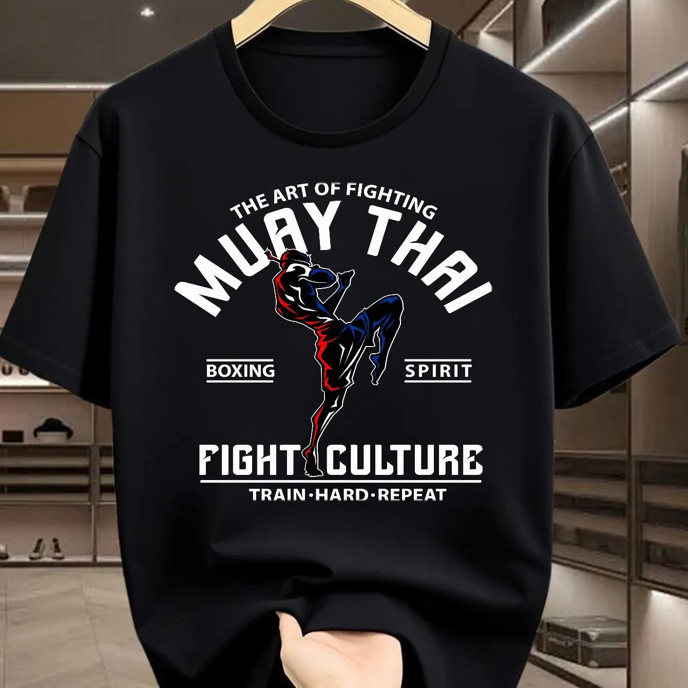 Muay Thai Cotton TShirt Casual Athleisure Men Fitness Muscle Black Fight Style The Art of Fighting Spirit