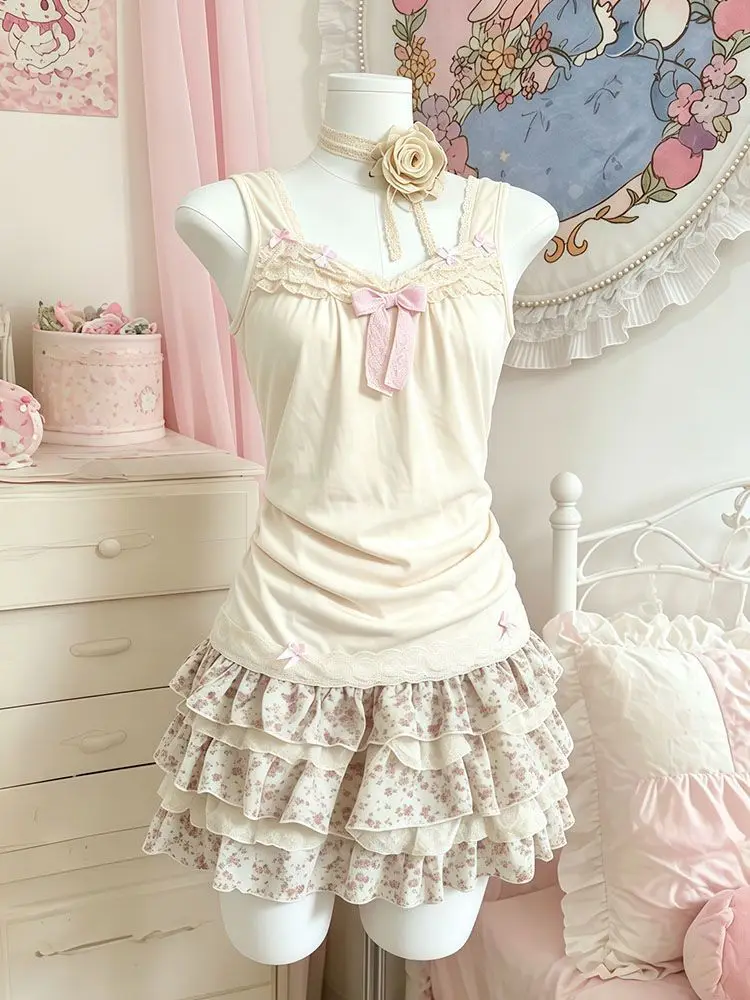 

Japanese Dress Y2k Floral Print 2Piece Set Top+Short Skirts Vintage Kawaii Slim 2000s Streetwear Preppy Hot Girl Elegant Dresses