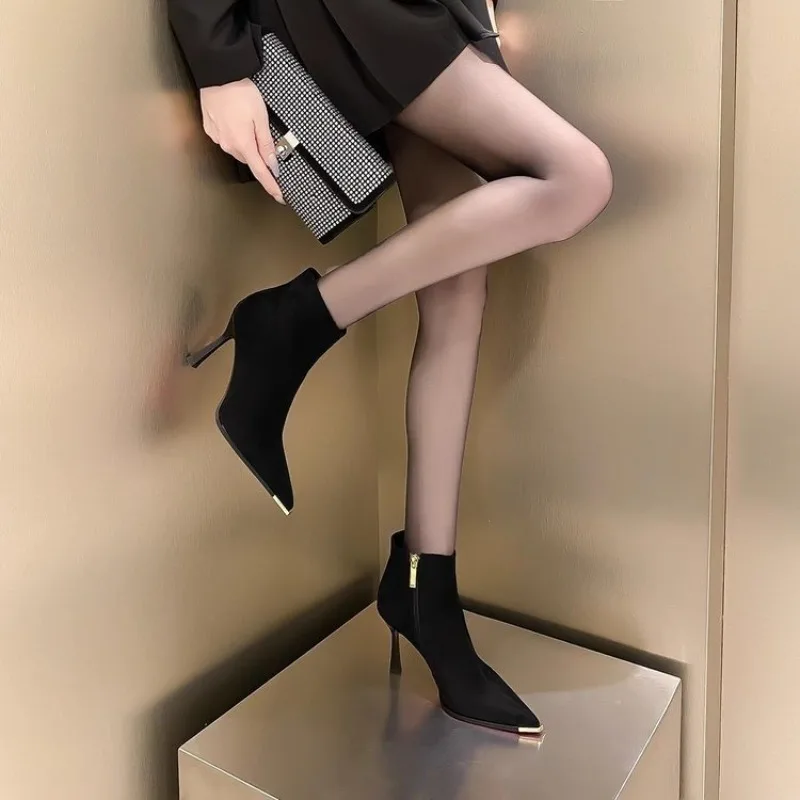 أحذية الموضة النسائية أشار تو ركلة واقية كعب ستيليتو تمتد الهواء الغربي الجانب سستة الجلد المدبوغ أحذية عالية الكعب