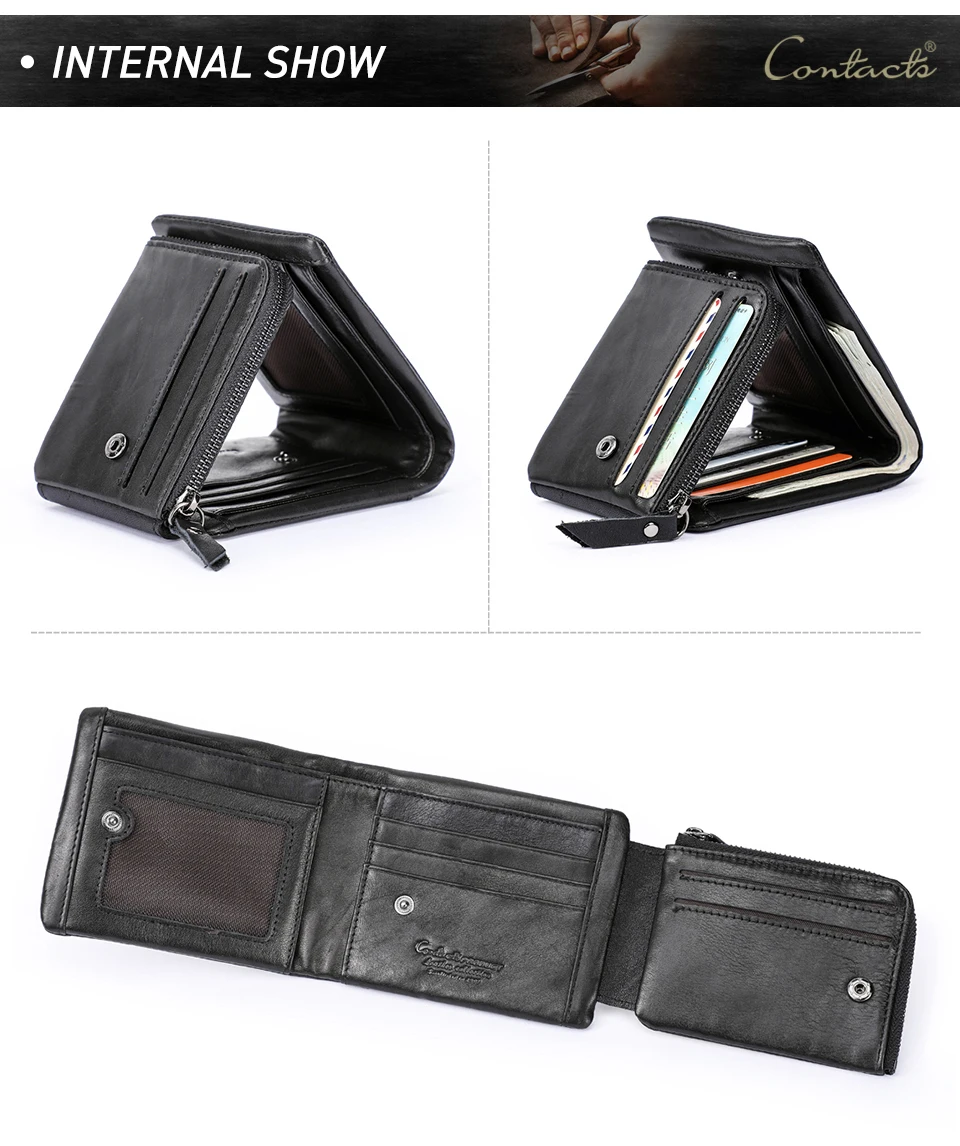 CONTACT'S Echtes Leder Männer Brieftasche Vintage Trifold Haspe Brieftasche Reißverschluss Geldbörse Kartenhalter Geld Clip männer Brieftaschen – Detail 22