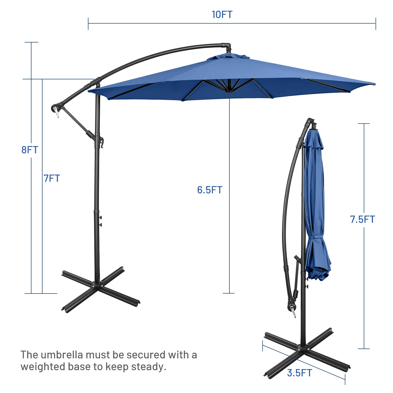 10 FT Patio Offset Umbrella w/8 Ribs Cross Base Tilt Navy Blue