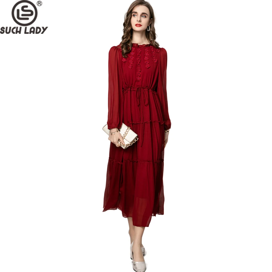 

Women's Dresses O Neck Long Sleeves Floral Appliques Elegant Fashion Designer Party Gown Vestidos