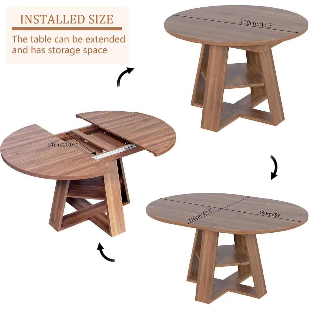 طاولة طعام مستديرة قابلة للتمديد 43-59 بوصة، طاولة بيضاوية للمطبخ الحديثة بأوراق قابلة للإزالة، قاعدة خشبية موفرة للمساحة، مقاعد 4-8 P